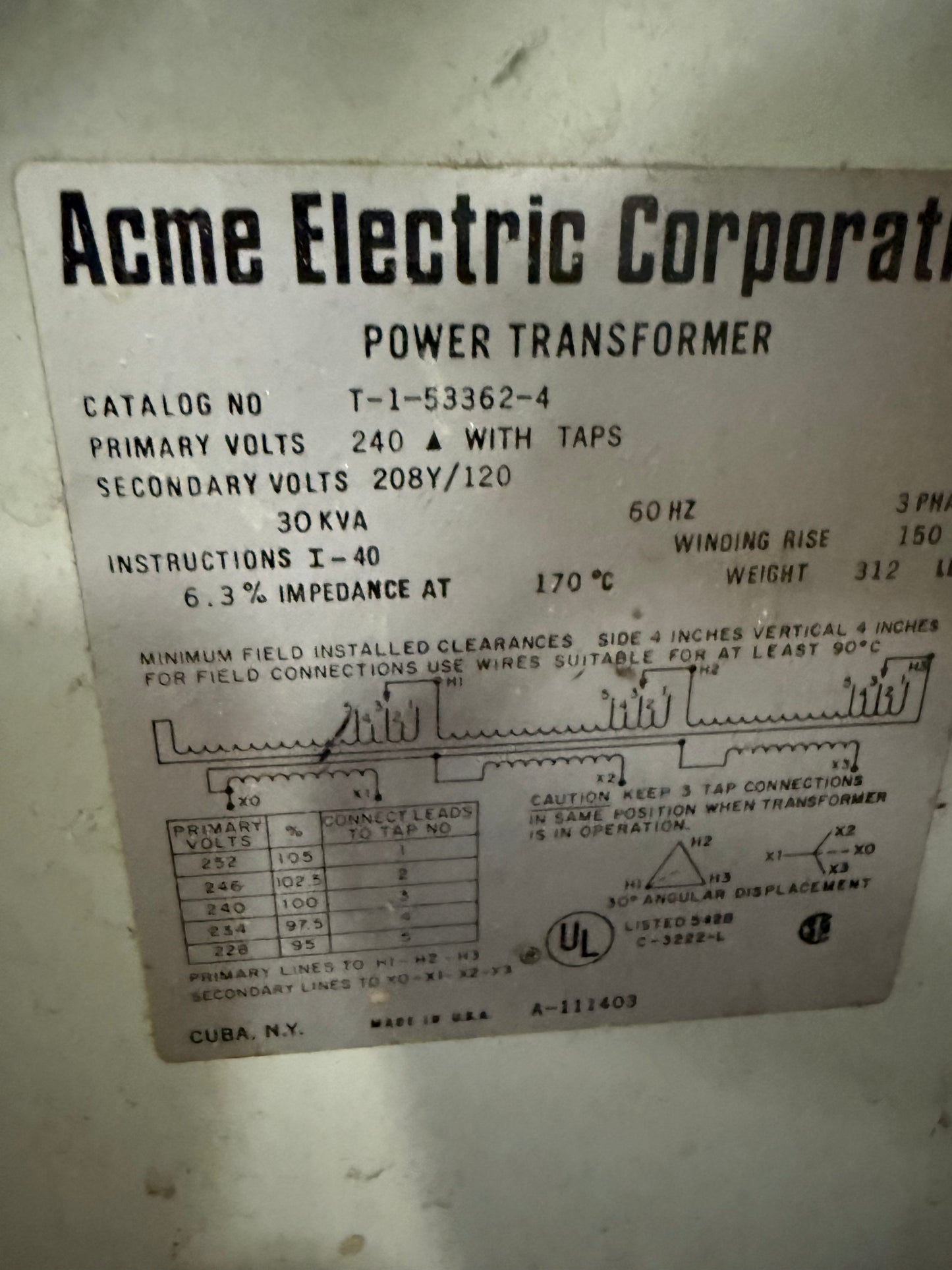 Item #211 Acme transformer primary240V/ secondary208/120