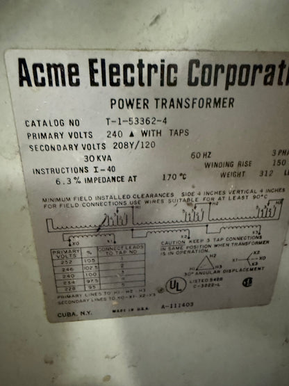 Item #211 Acme transformer primary240V/ secondary208/120